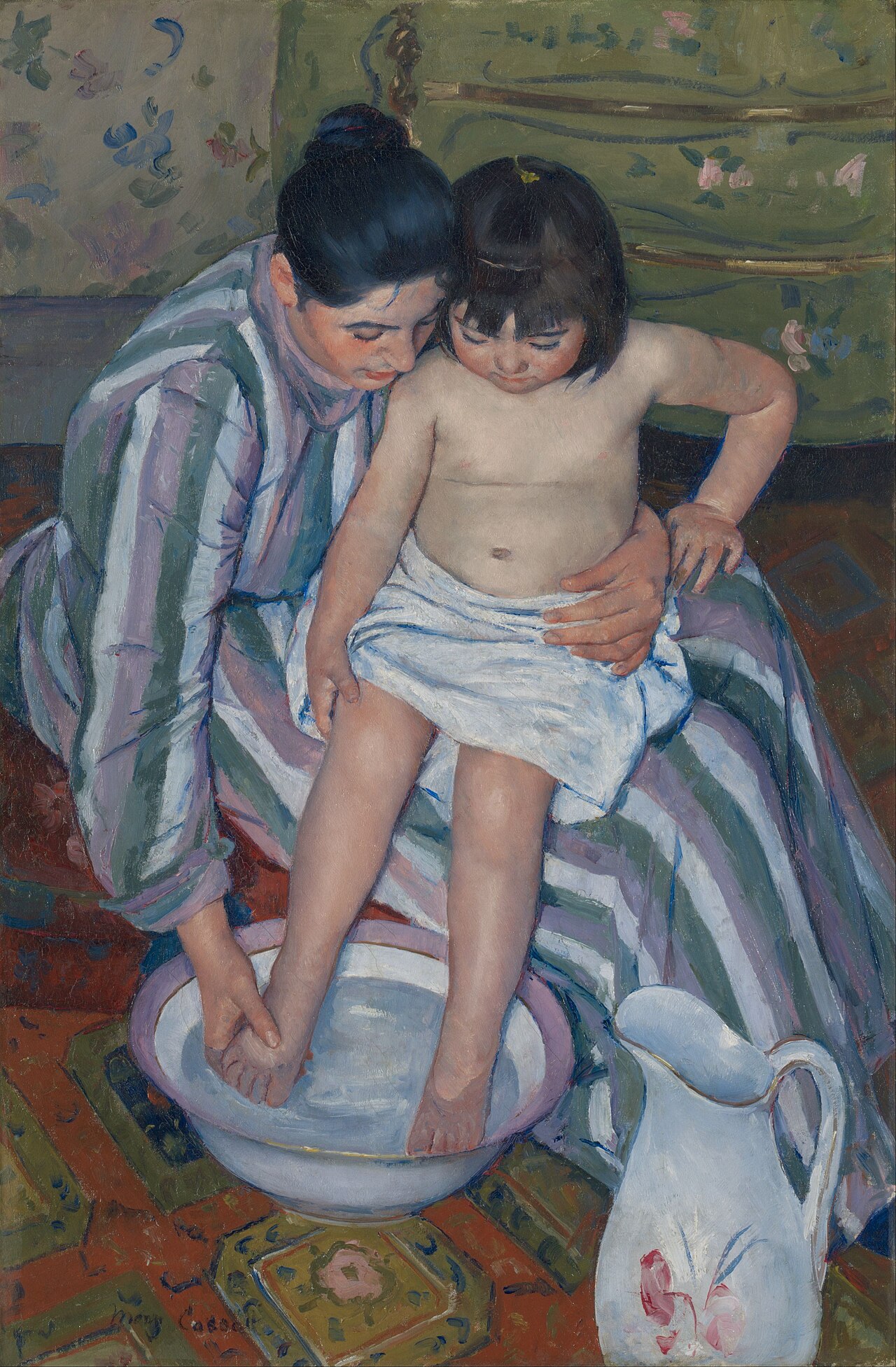 Una madre baña con cuidado a su hija en El baño del niño, de Mary Cassatt
