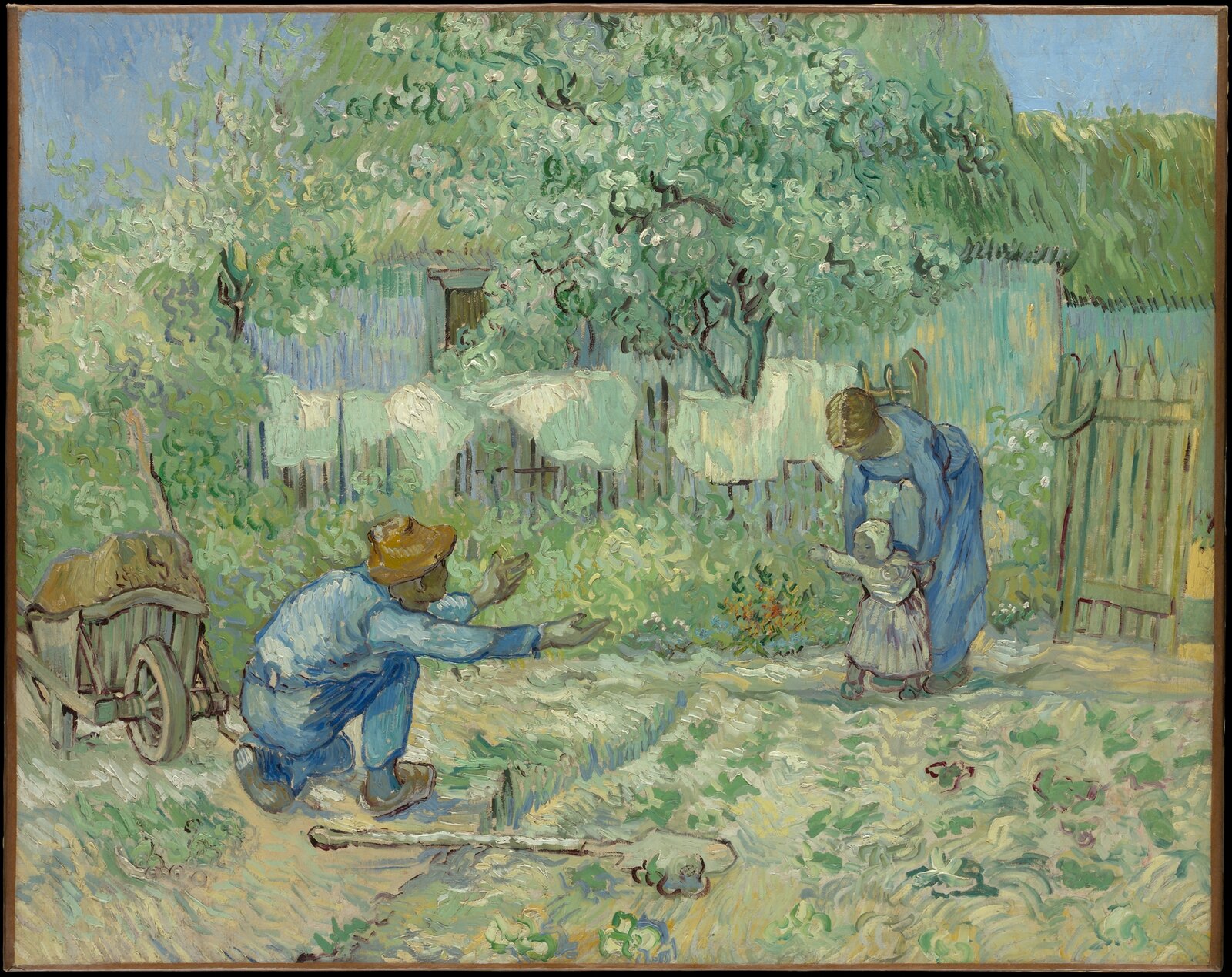 Una madre sostiene a su hijo mientras da sus primeros pasos hacia su padre, en Primeros pasos de Vincent van Gogh